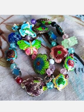 Vintage Enameled Cloisonné Floral Heart Turtle Fish Butterfly Beaded Necklace